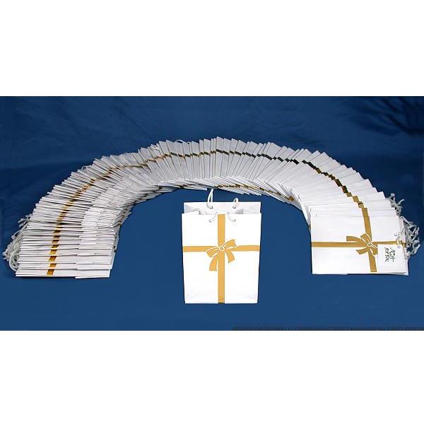100 White with Gold Ribbon Gift Bags 4 3/4"