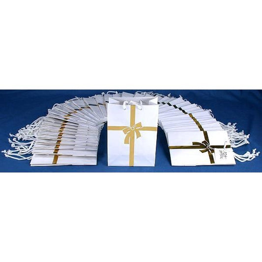 40 White with Gold Ribbon Gift Bags 4 3/4"