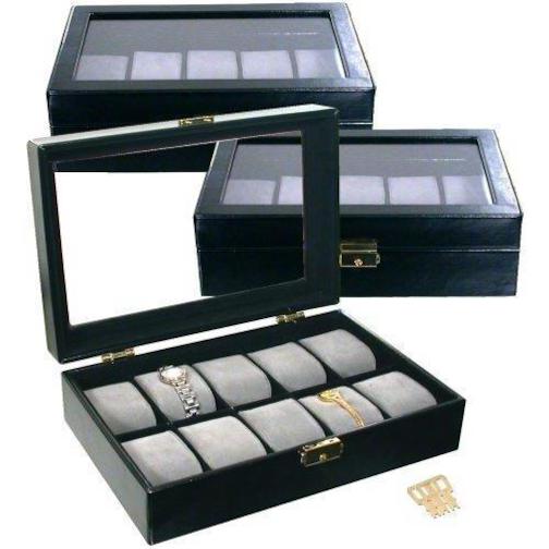 3 Black Faux Leather Watch Display Box Holds 10 Watches
