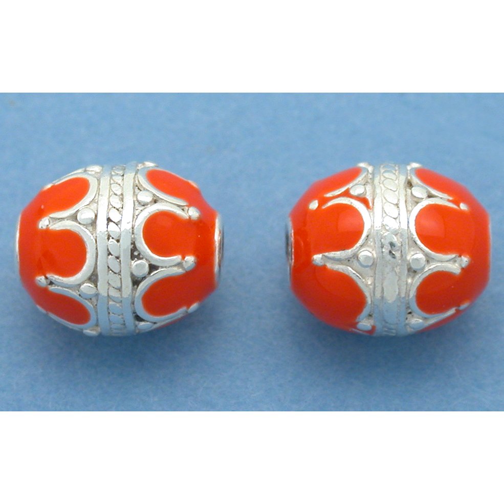 Oval Sterling Silver Beads Orange Enamel 9.5mm 2Pcs Approx.