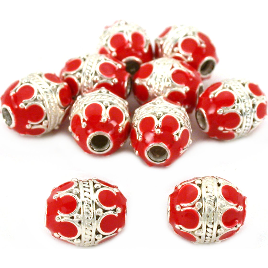 Red Enamel Sterling Silver Oval Beads 8.5mm Approx 10