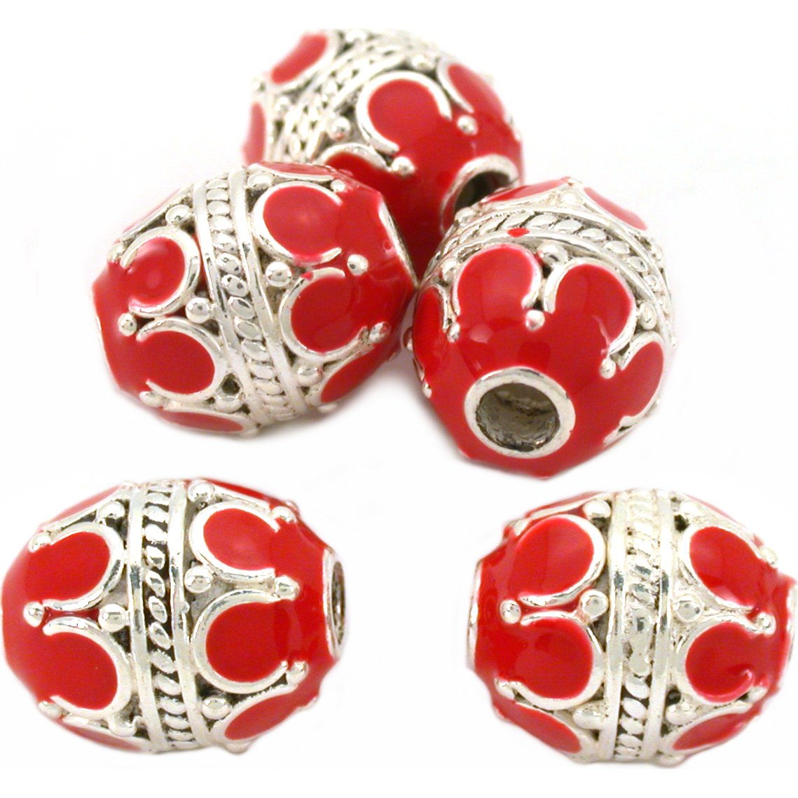 Oval Sterling Silver Beads Red Enamel 8.5mm 5Pcs Approx.