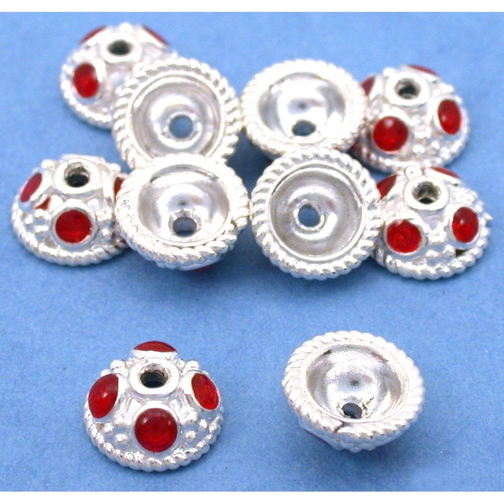 Bali Bead Caps Sterling Silver Red Enamel 7mm 10Pcs Approx.