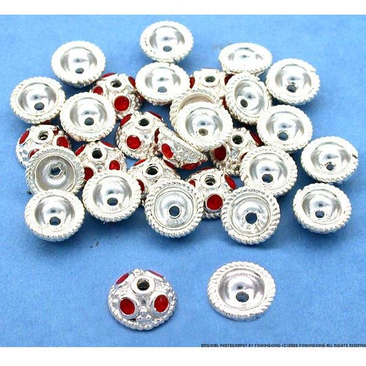 Red Enamel Sterling Silver End Bead Caps 7mm Approx 30