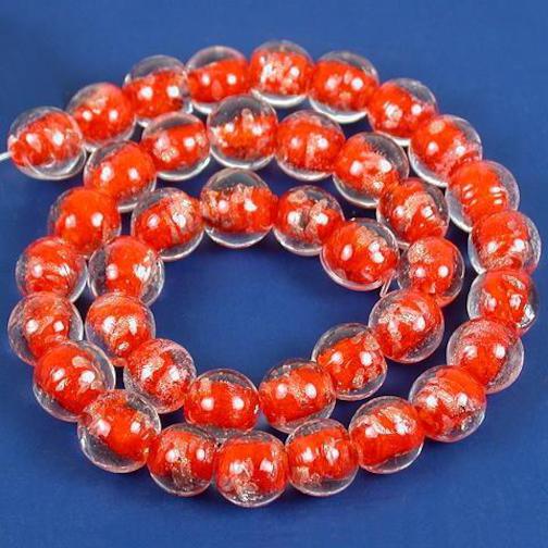 Round Gold Foil Glass Beads Red 1 Strand
