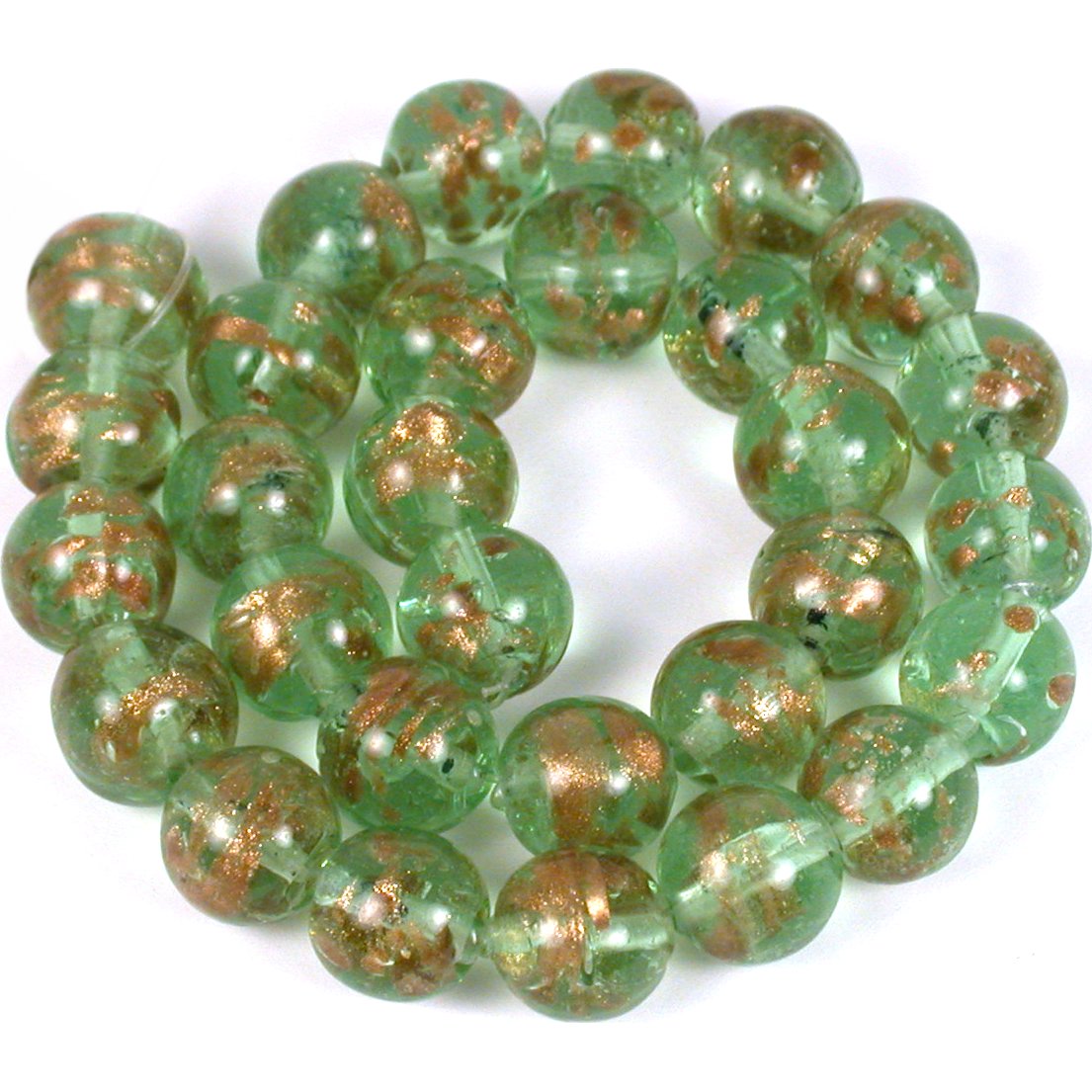 Round Gold Foil Glass Beads Light Green 1 Strand
