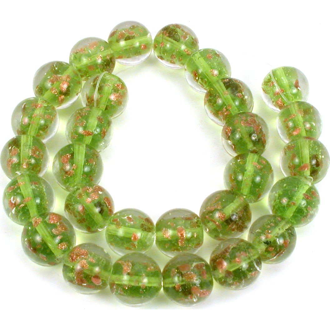 Round Gold Foil Glass Beads Light Green 1 Strand