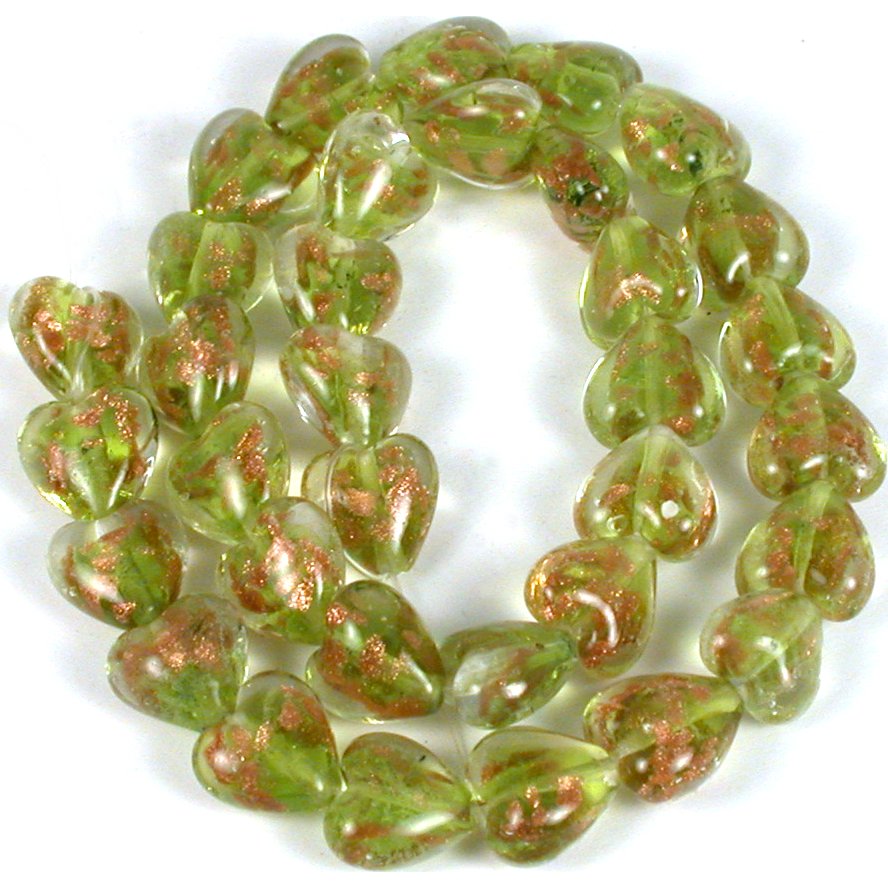 Heart Gold Foil Glass Beads Light Green 1 Strand