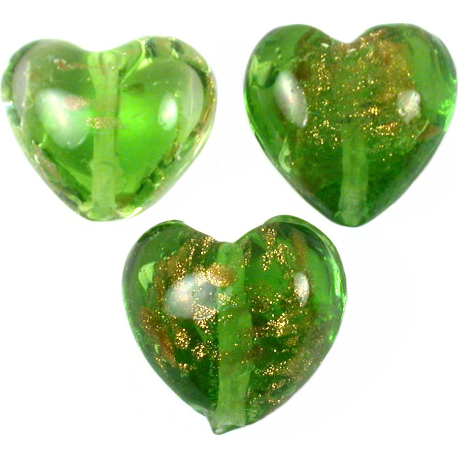 Heart Gold Foil Glass Beads Light Green 3Pcs