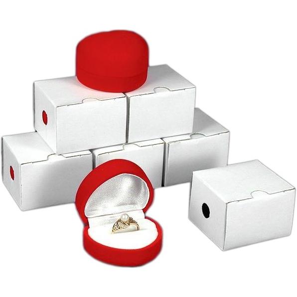 6 Red Flocked Ring Heart Gift Boxes Jewelry Displays