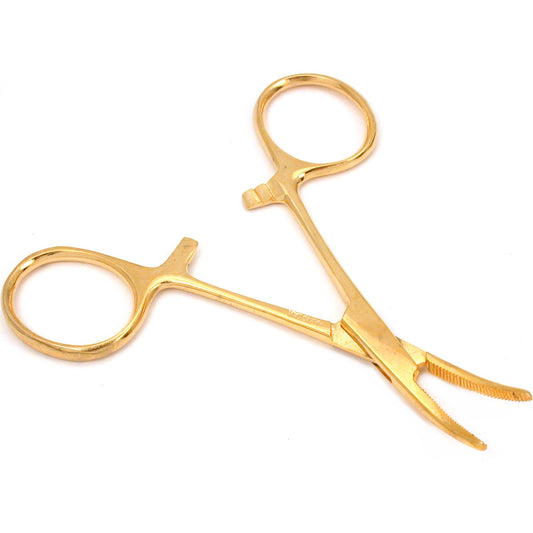 Gold Tone Locking Curved Tip Forceps 3 1/2" Fishing Fly Tying Hobby Craft Tool