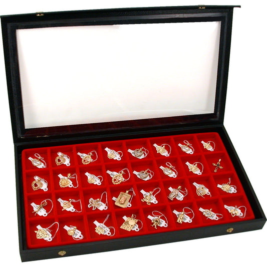 32 Slot Earring/Jewelry Display Case Clear Top Red New