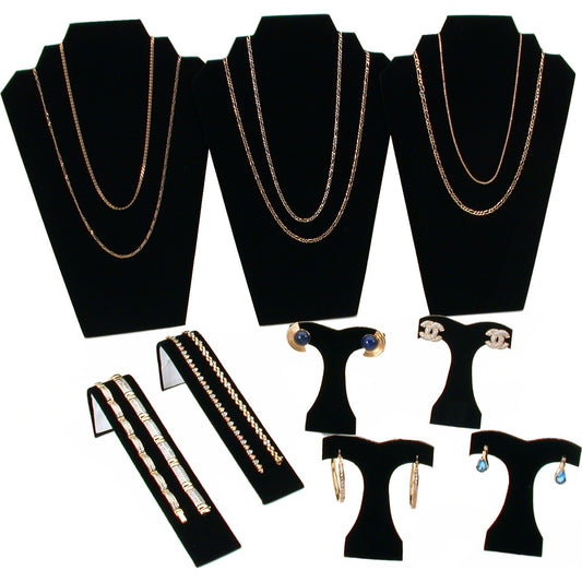 Black Flocked Necklace Earring Jewelry Displays 9Pc Set