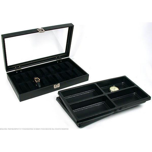 8 Slot Black Jewelry Display Tray Glass Lid Travel Case