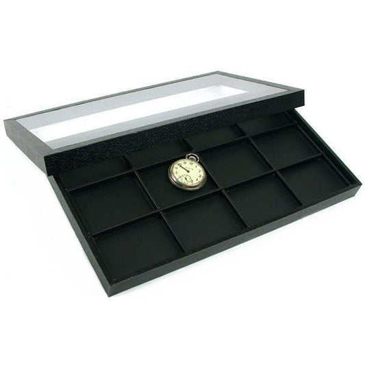 12 Pocket Watch Jewelry Leather Display Clear Lid Case
