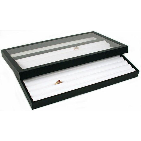 Ring Display White Leather Jewelry Tray Clear Lid Case