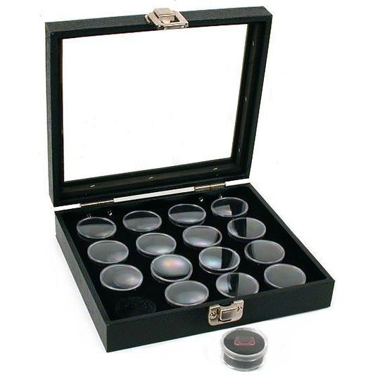 16 Gem Jars Display Tray Glass Lid Travel Case
