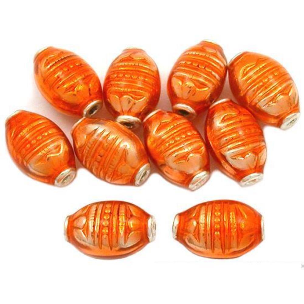 Fluted Oval Sterling Silver Beads Orange Enamel 9.5mm 12Pcs Approx.