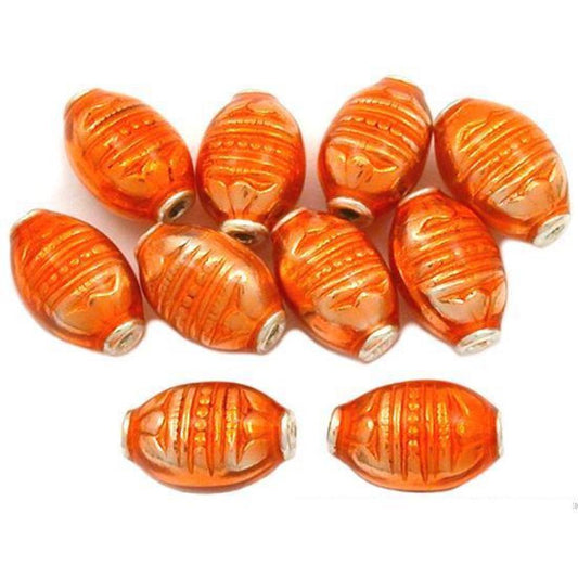 Fluted Oval Sterling Silver Beads Orange Enamel 9.5mm 12Pcs Approx.
