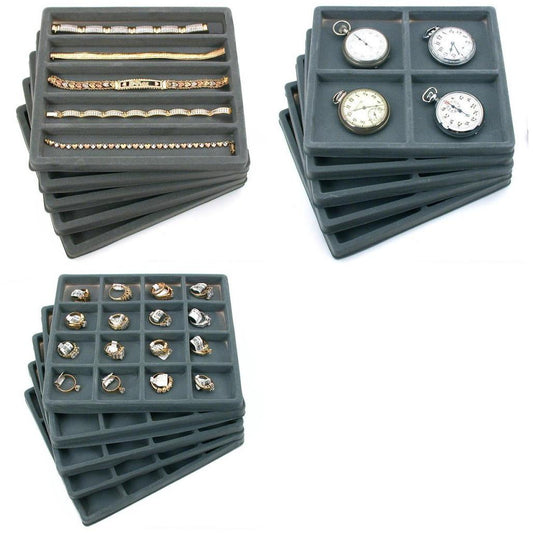 15 Gray Flocked Display Trays (5) 5 Slot & (5) 4 Slot & (5) 16 Slot Insert Tray