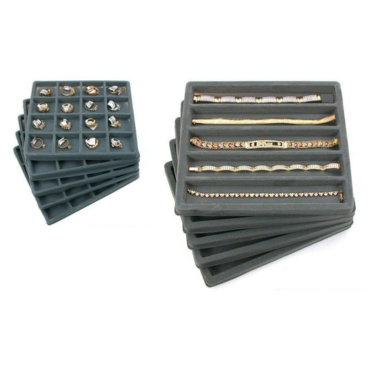 10 Gray Flocked Display Tray Inserts (5) 5 Slot & (5) 16 Slot Trays