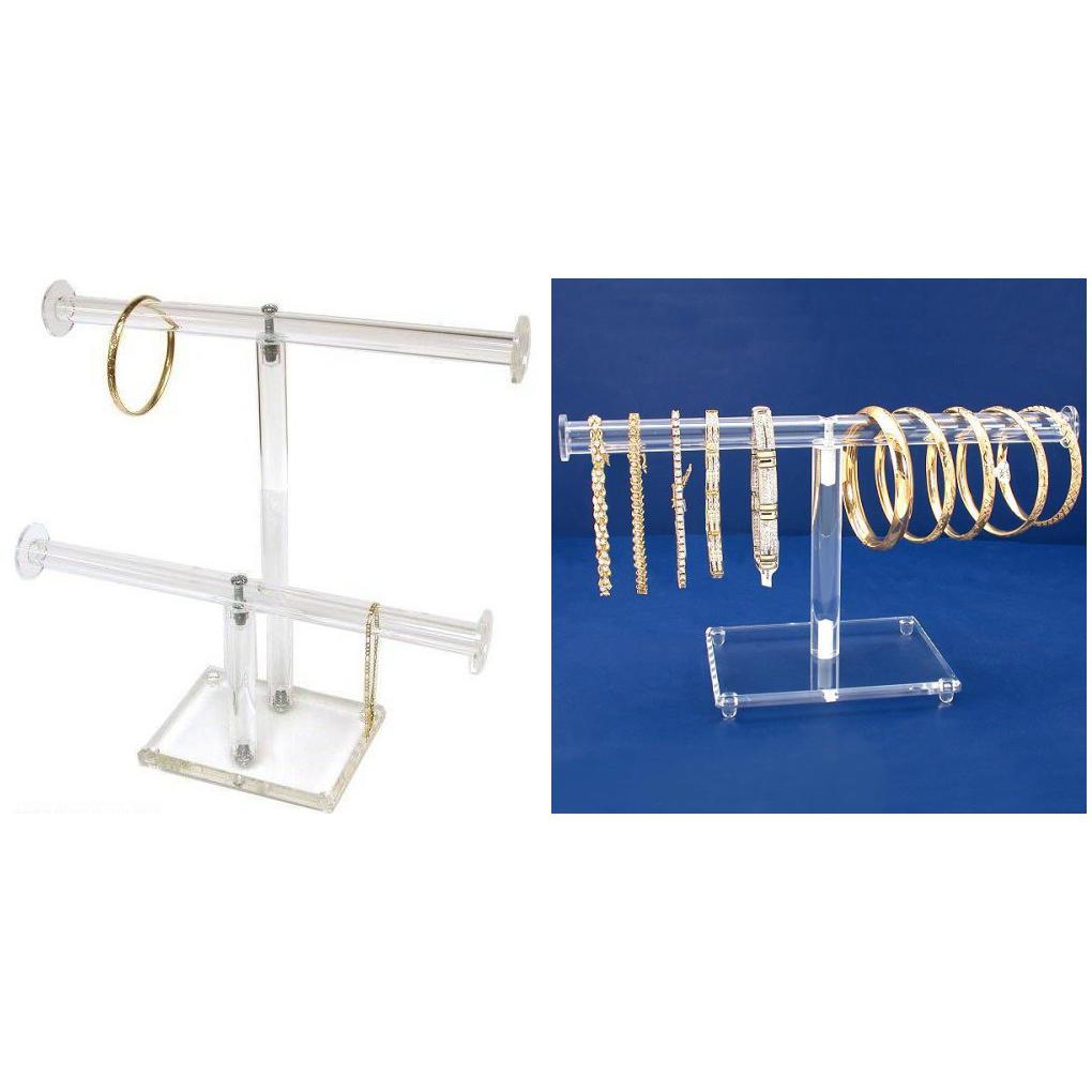 Clear Acrylic 2 Tier T-Bar &  Round T-Bar 10" Jewelry Display Stands Kit 2 Pcs