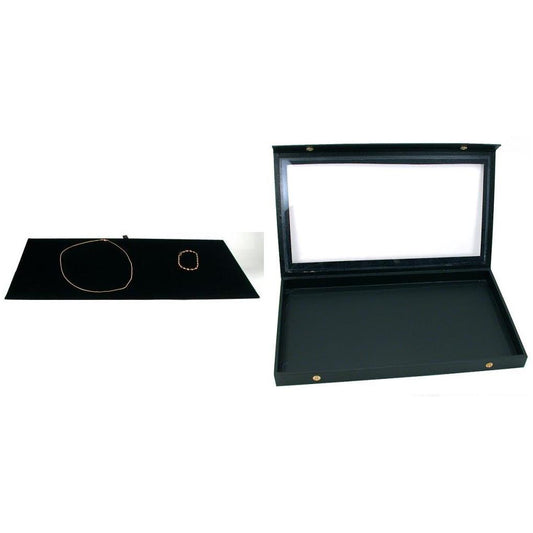 Jewelry Display Tray Case Box & Black Velvet Necklace Chain Insert Kit 2 Pcs