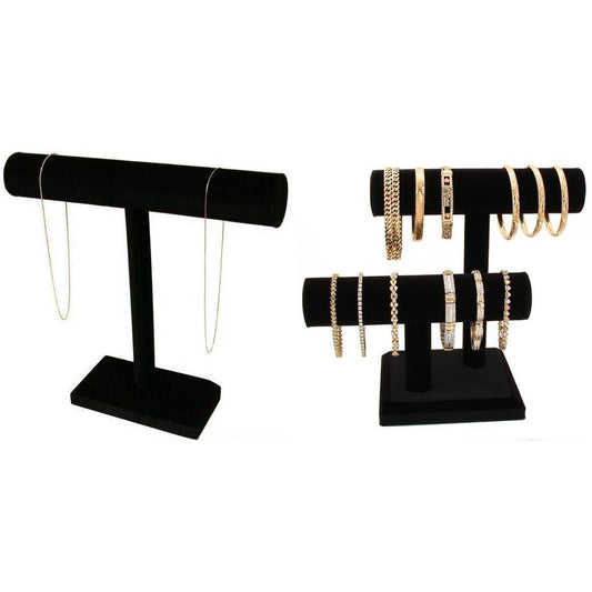 Black Velvet T-Bar & 2 Tier T-Bar Bracelet Necklace Jewelry Display Kit 2 Pcs