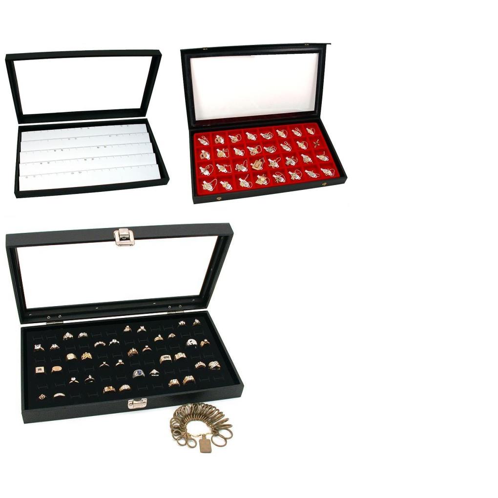 72 Ring 45 Earring 32 Charm & Plastic Sizer Jewelry Box Displays Case Kit 7 Pcs