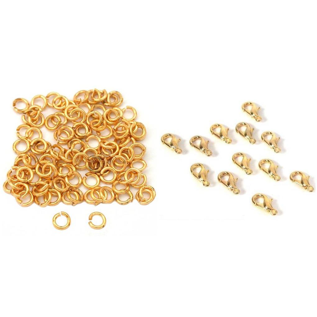 Gold Color Plated Open Jump Rings & Gold Plated Lobster Clasps Findings 200 Pcs
