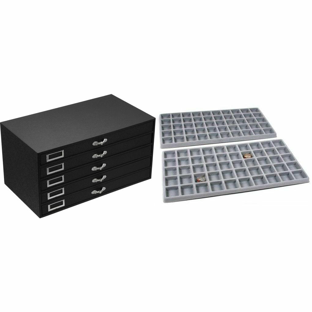5 Drawer Jewelry Organizer W/ 7 Gray Flocked Insert Trays Kit 8 Pcs ...