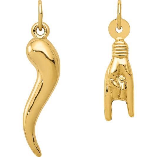 2 Italian Horn & Good Luck Hand/Sign Language Charms Kit14k Yellow Gold 4 Pcs