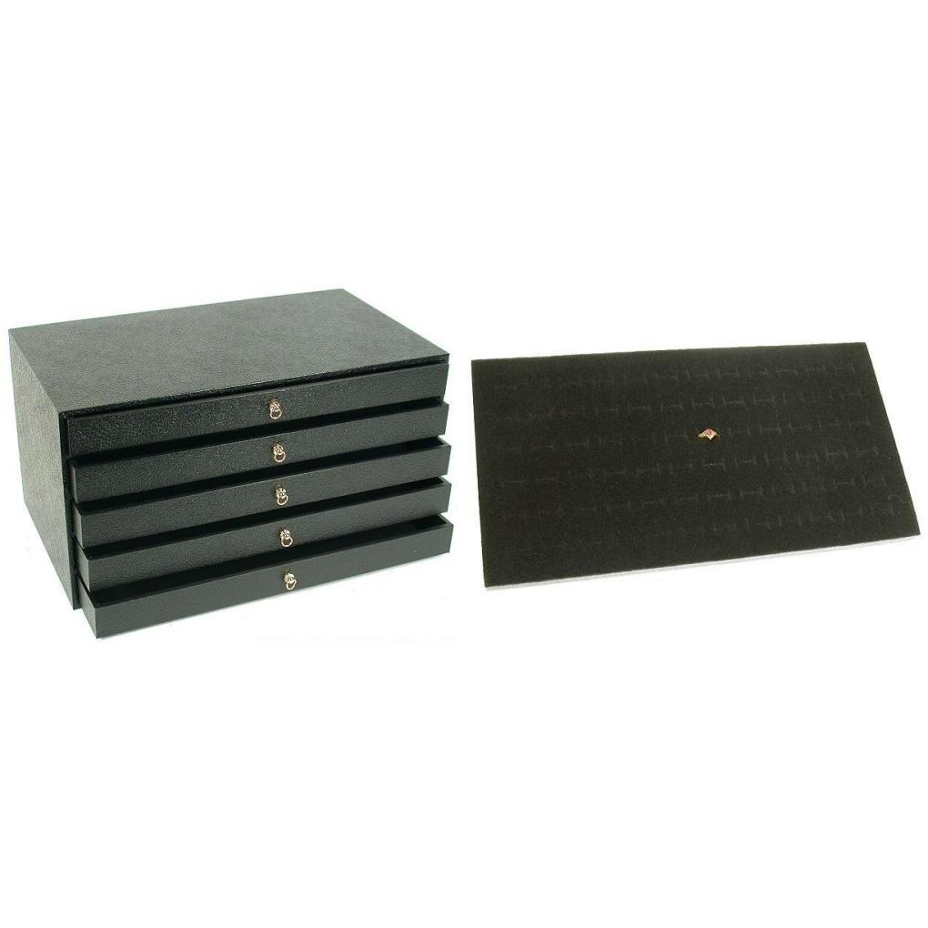 5 Drawer Jewelry Storage Case & Black Foam Ring Display Tray Inserts Kit 6 Pcs