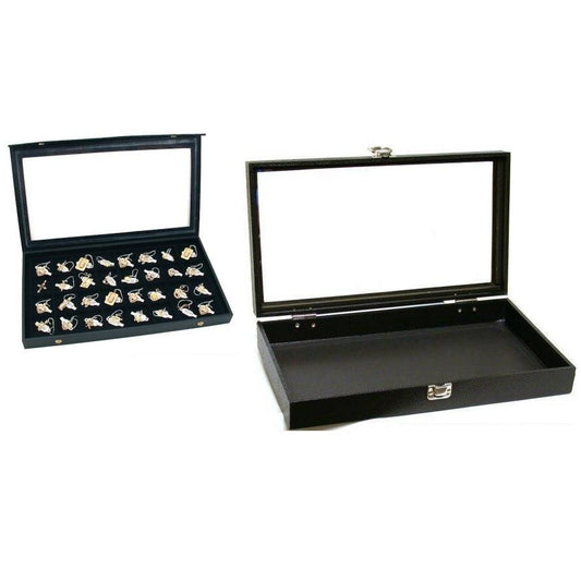 Glass Lid Faux Leather Jewelry Display Cases W/ 32 Slot Flocked Insert Kit 3 Pcs