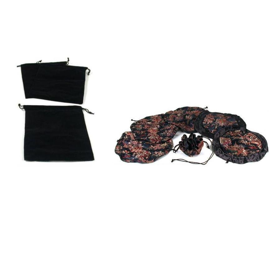 Black Velvet & Black Brocade Chinese Drawstring Jewelry Pouches Kit 12 Pcs