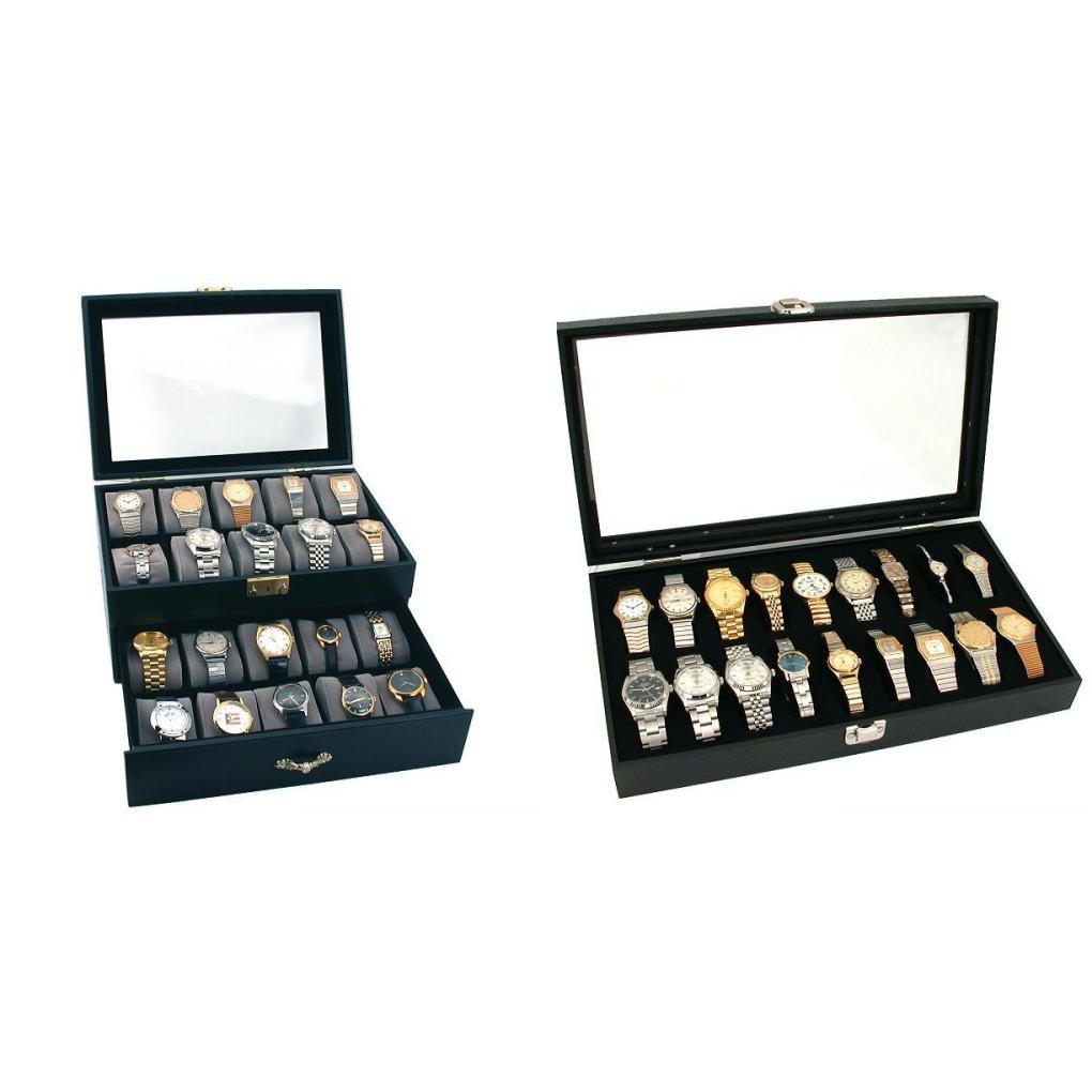 Watch Shell Case Lockable Glass Top Faux Leather Watch Jewelry Display Cases 20 & 18pc ...
