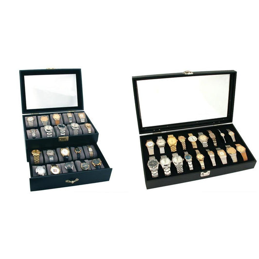 Lockable Glass Top Faux Leather Watch Jewelry Display Cases 20 & 18pc Kit 2 Pcs
