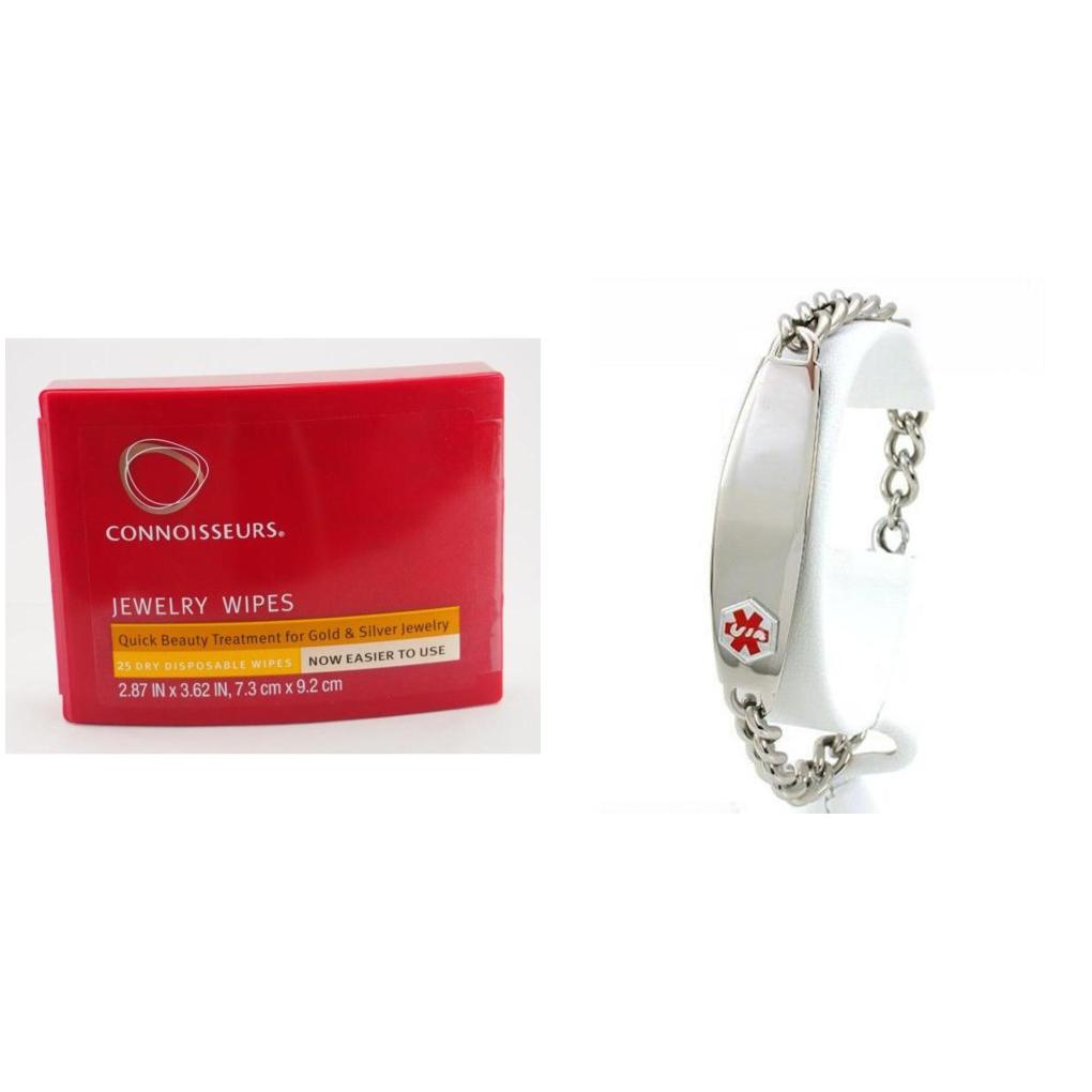 Medical ID Information Bracelet Stainless Steel 8" & Jewelry Cleaning Wipes