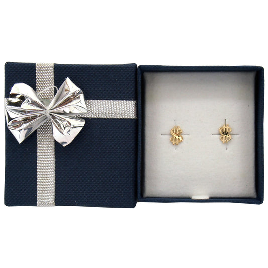 14K Yellow Gold Dollar Sign Earrings with Jewelry Bow Tie Gift Box