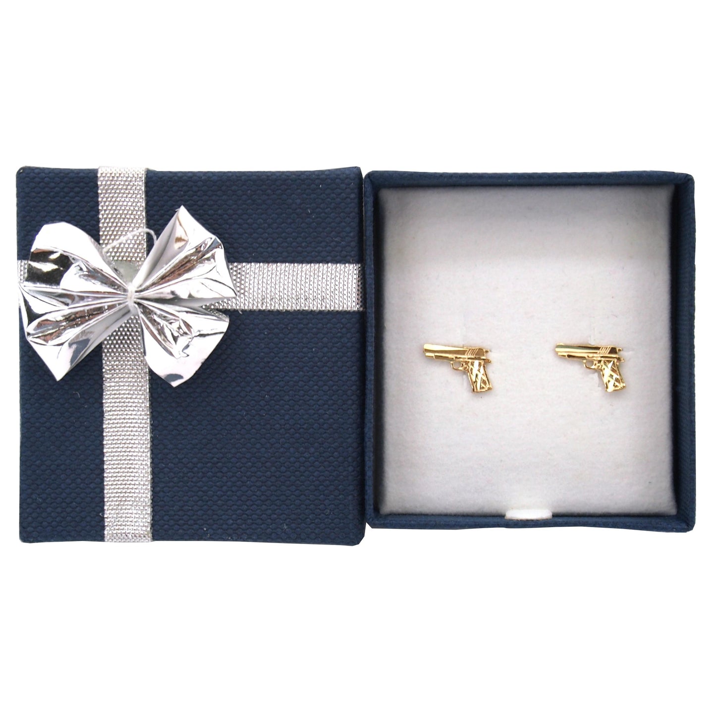 14K Yellow Gold Handgun Pistol Gun Stud Earrings with Bow Tie Jewelry Gift Box