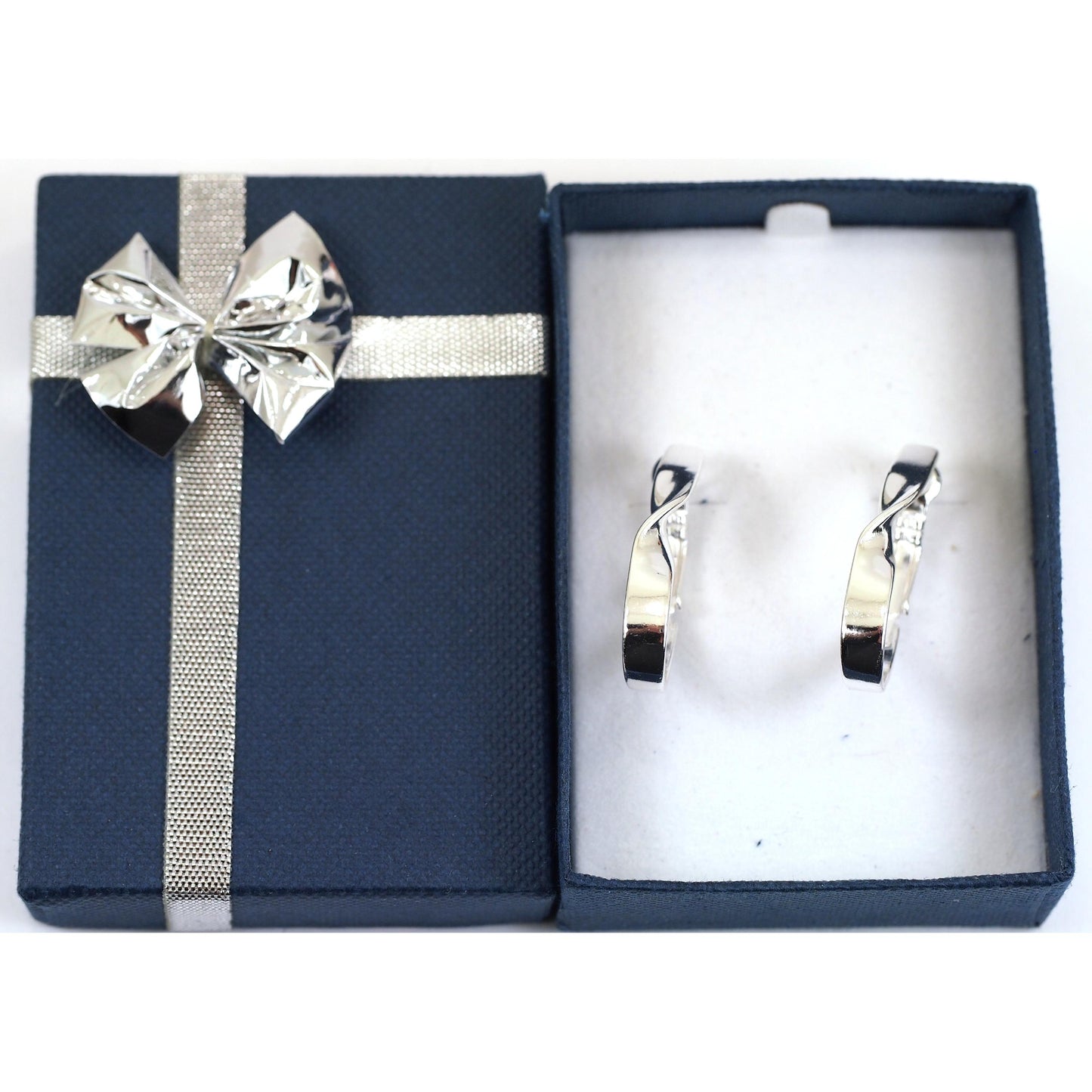 Sterling Silver Large HoopEarrings with Blue Jewelry Gift Box