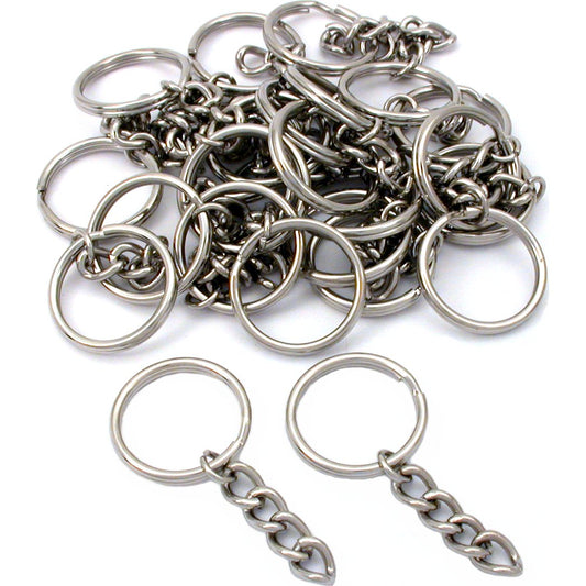 25 Nickel Plated Key Chain Ring & Chain 28mm x 3mm