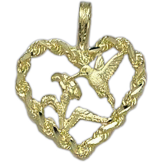Hummingbird & Hibiscus Heart Charm 14k Gold 21mm