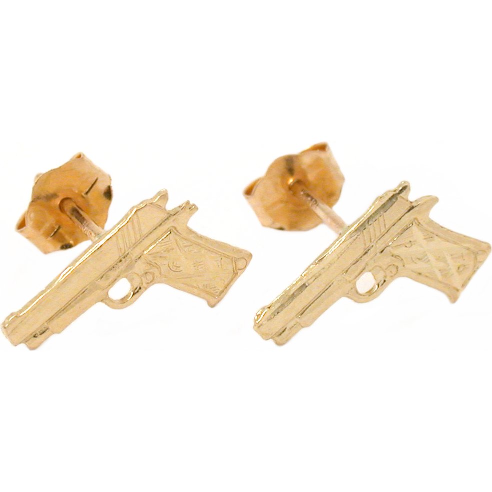 14K Yellow Gold Handgun Pistol Gun Stud Earrings with Bow Tie Jewelry Gift Box
