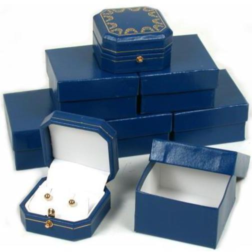 6 Earring Boxes Push Button Blue Leather Gift Display