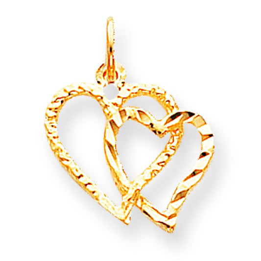 10K Gold Double Heart Charm Diamond Cut