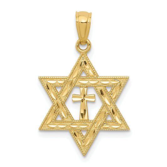 Solid 14k Yellow Gold Diamond Cut Star of David w/Cross Crucifix Pendant (26mm x 16mm)