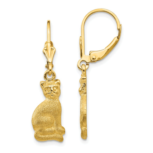 14K Gold Cat Dangle Lever Back Earrings