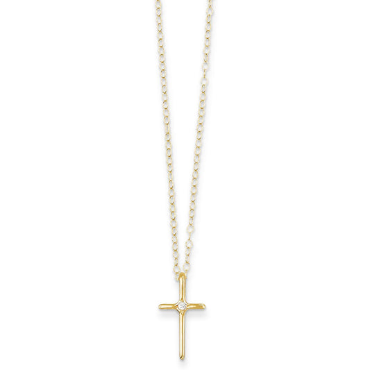 14K Gold .01cttw Diamond Cross Children's Necklace 15"