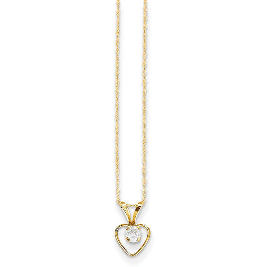 14K Gold 3mm White Zircon Heart Children's Birthstone Necklace 15"